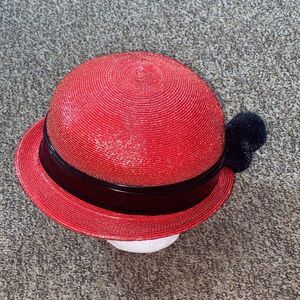 VTG, Adele Claire Made In New York US
Red Straw Hat with Black Band and Pom Pom
